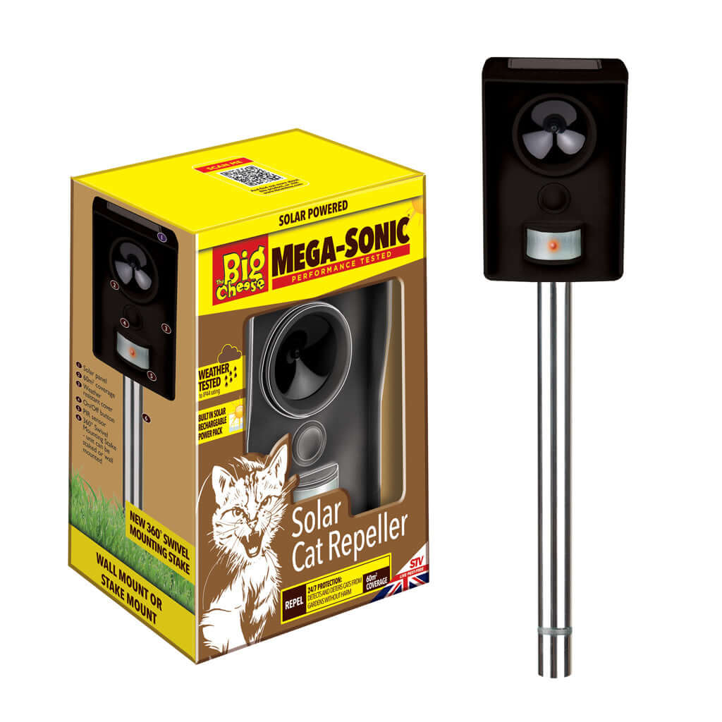 A silver and black, solar powered Mega-Sonic Solar Cat Repeller, next to brightly coloured packaging.