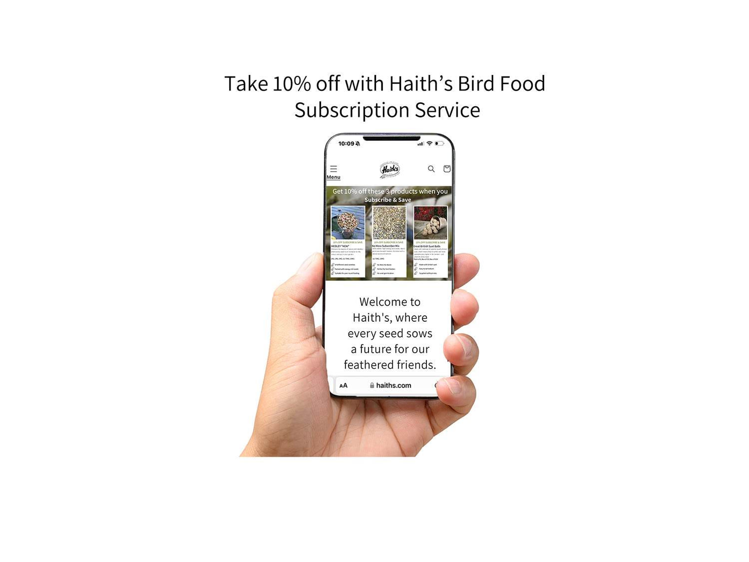 Haith's wild bird food subscription service saving shoppers 10% for monthly orders of wild bird feed.