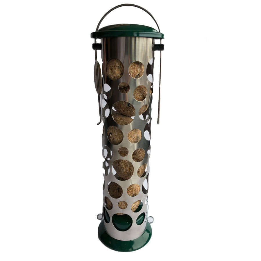 Durable fat ball feeder holding five small fat balls with a hanging metal loop